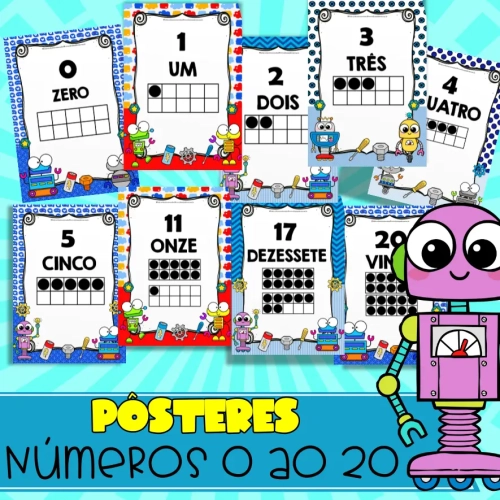 21 Pôsteres dos Números 0 ao 20 | Tema robôs