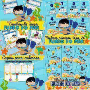 Pacote Fundo do Mar | Pôsteres Alfabeto e Números 0 ao 20 - Capa de Caderno - Crachás